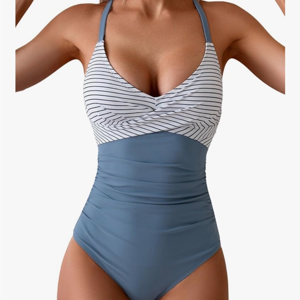Blue and White One-Piece Swimsuit with Ruching - Picture 1 of 2